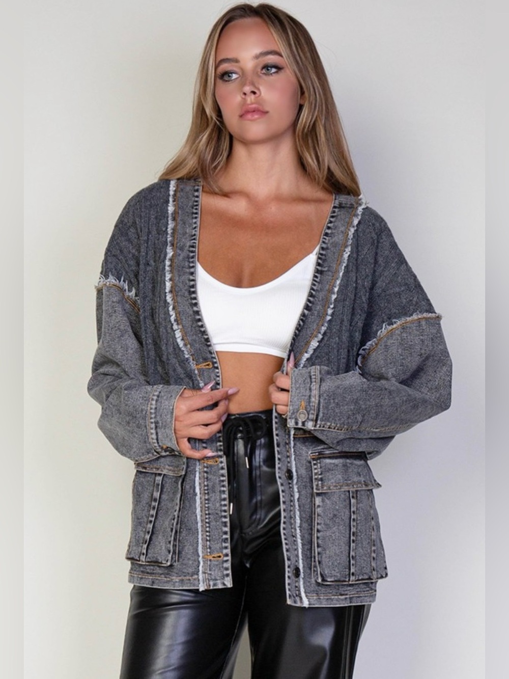 Oversized Washed Gray Sweater Cardigan with Button-Front Closure - Picture 2 of 6